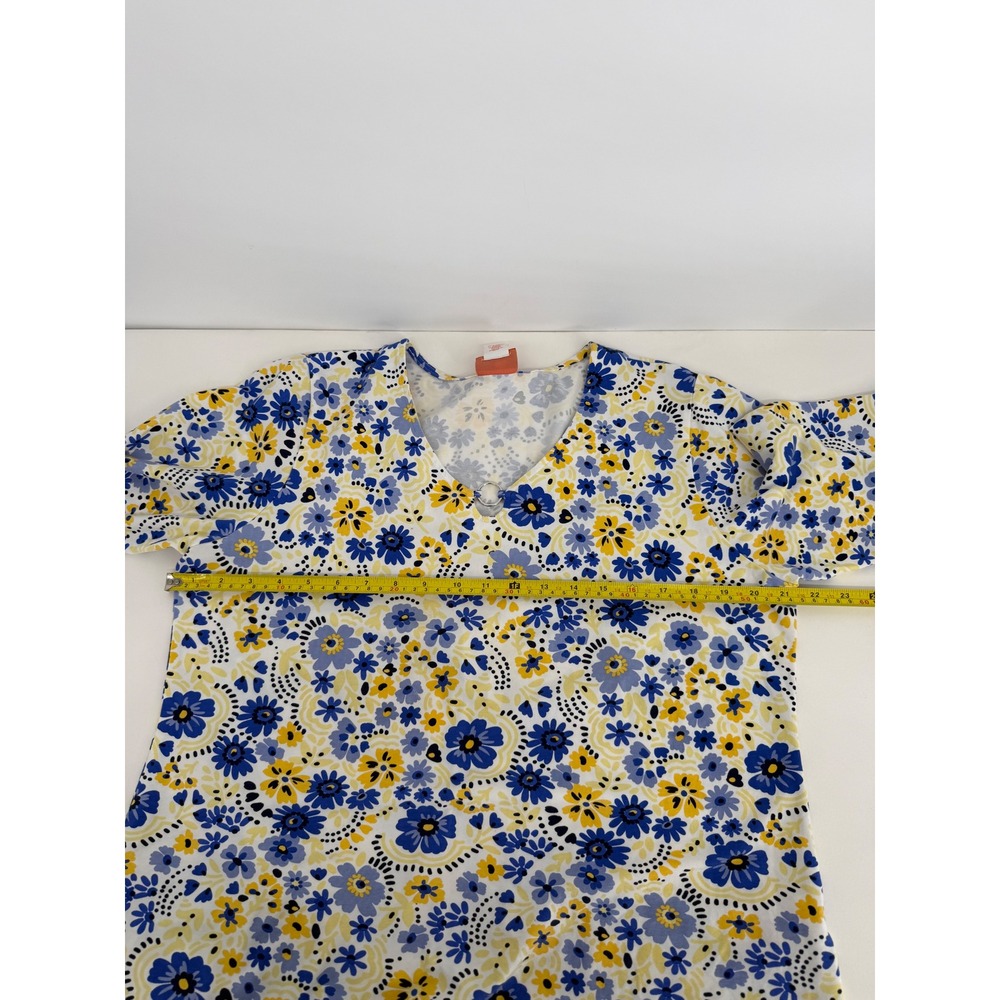 Hearts of Palm Womens Blue Yellow Floral V-Neck 3/4 Sleeve Knit Top Ring Sz L - Picture 5 of 8